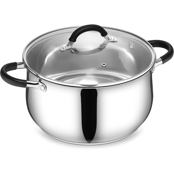 Stainless Steel Stock Pot, 8 Quart Large Cooking Pot with Glass Lid for Boiling Pasta Soup Sauce, Tri-Ply Induction Thick Base for All Stoves, Cool-Touch Handles & Dishwasher Safe