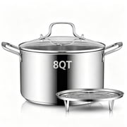 Stainless Steel Stock Pot with Steamer Rack - 8 Quart Heavy Duty Induction Cooking Pot, Nonstick Thick Bottom Soup Pot with Visible Lid for Pasta, Soup, Canning, Boiling, Simmer