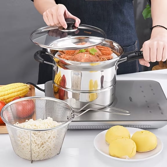 Stainless Steel Stockpot with Steamer Insert and Strainer Lid Large Capacity 12QT Cooking Pot for Pasta, Soup, Stew Compatible with Electric, Gas, and Induction Stovetops
