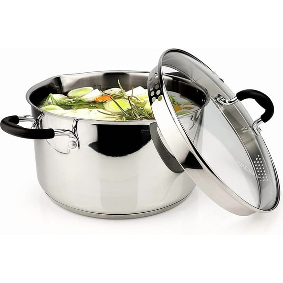 Stainless Steel Stockpot with Glass Strainer Lid 6 Quart Soup & Saucepan Cookware Side Spouts Multipurpose Induction Pan 5-Ply Capsule Bottom 6QT
