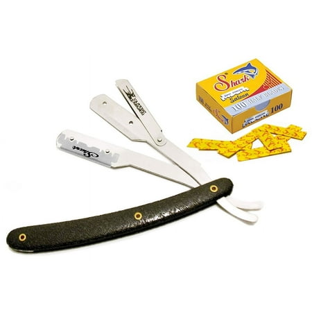 Stainless Steel Straight Razor, Shavette w/ 100 Shark Single Edge Razor Blades