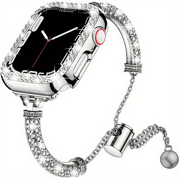 Stainless Steel Strap + Diamond Case for Apple Watch Ultra 2 1 49mm Bracelet for Iwatch 9 8 7 6 5 4 SE 45MM 41MM 42MM 44MM 40MM (Silver,45mm)