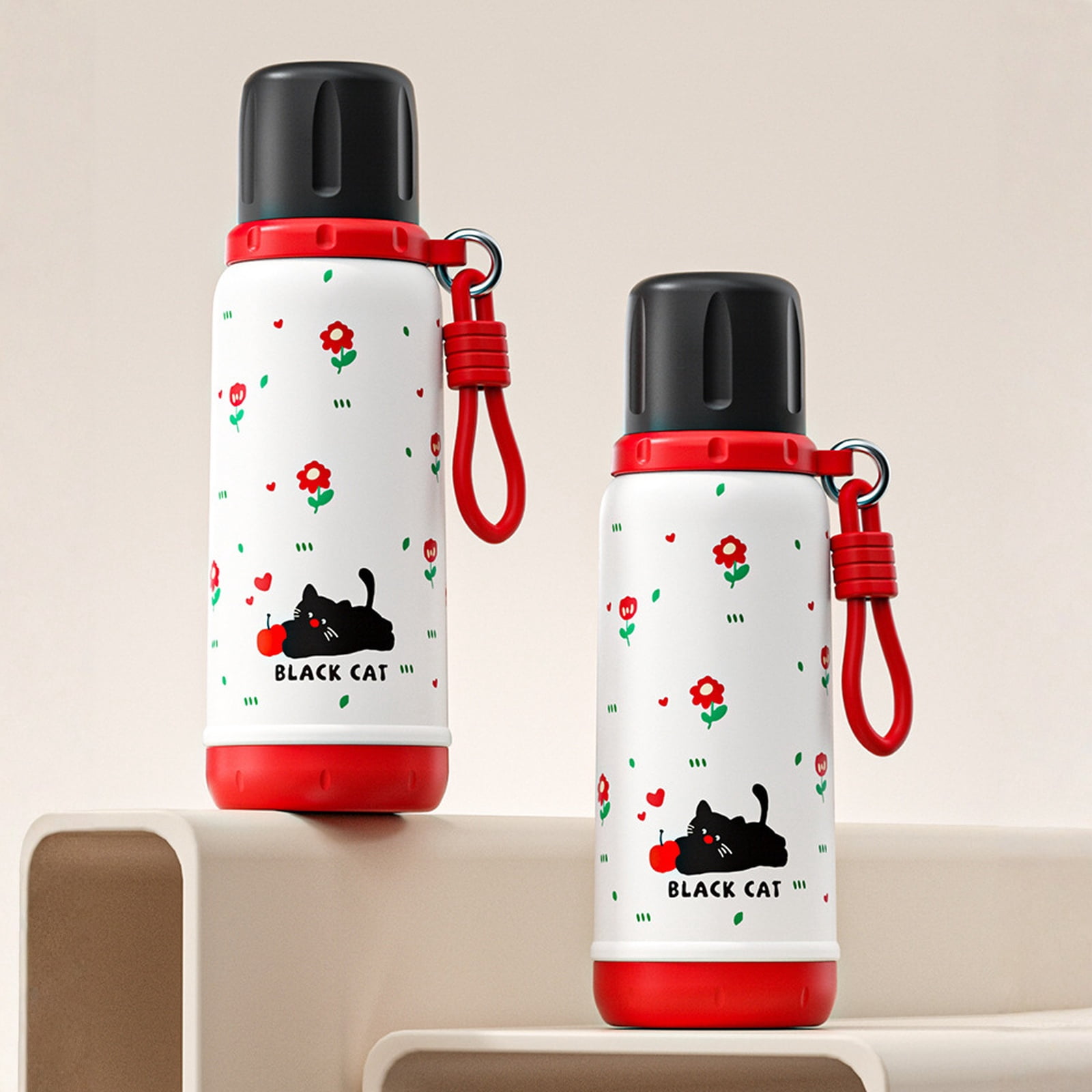 Stainless Steel Straw Cup, Large Capacity Thermal Insulation Cup, Cute Portable Water Bottle for Kids Students - 550ml Black