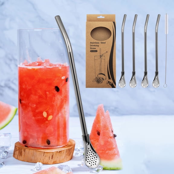 Stainless Steel Straw Spoon Coffee Beverage Stirring Spoon Milk Tea Filtering Straw Spoon With A Straw Brush