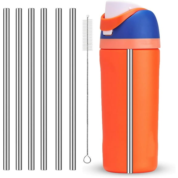 Stainless Steel Straws for 16oz Owala FreeSip Insulated Water Bottle, 6 Pack Reusable Metal Replacement Straws Compatible With 16oz Owala Freesip Cup Lid Only, Plus Straw Brush, Dishwasher Safe