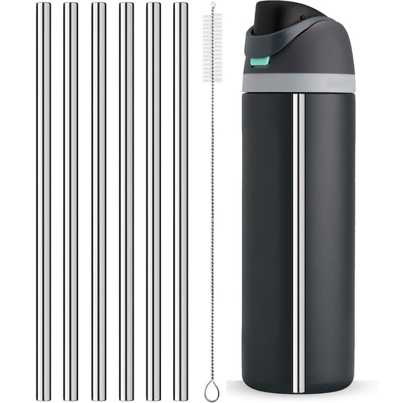 6 Pack Stainless Steel Replacement Straws Compatible with Owala 40 oz Water Bottle, 9.3 Inch Reusable Metal Straw Set with Cleaning Brush, Silver