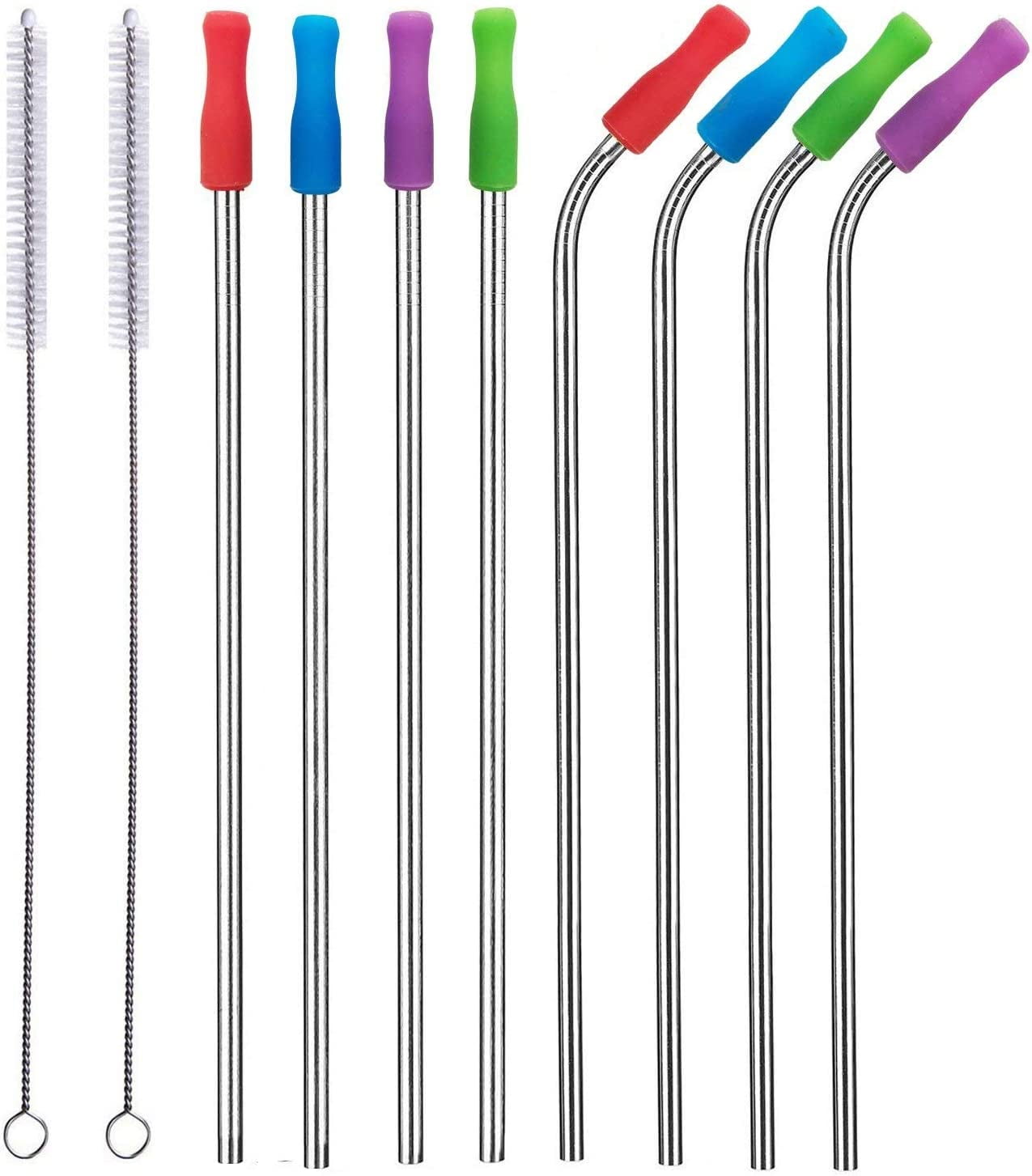 Stainless Steel Straws Reusable 8 Set, Metal Drinking Straws with 2 Cleaning Brush for Smoothie, Milkshake, Cocktail and Hot Drinks (Set of 8 10.5inch