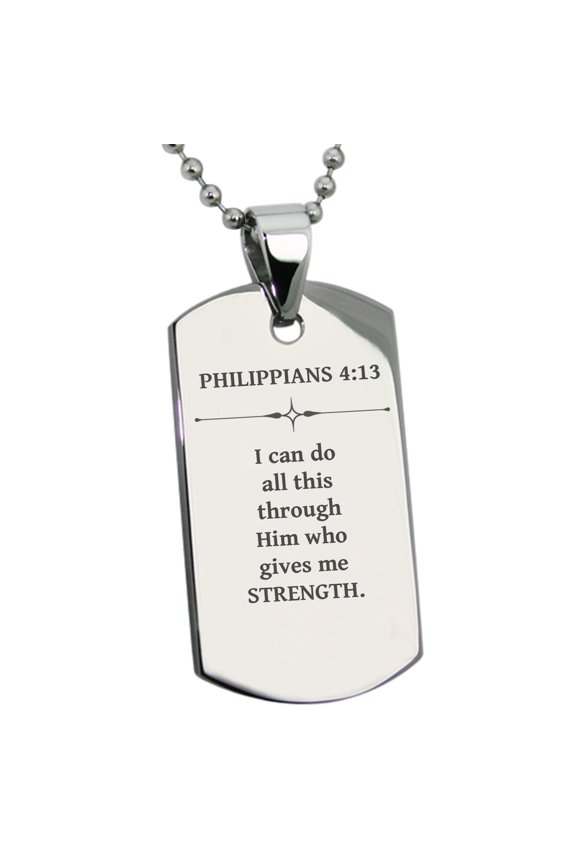 Stainless Steel Strength Philippians 4:13 Dog Tag Pendant Necklace