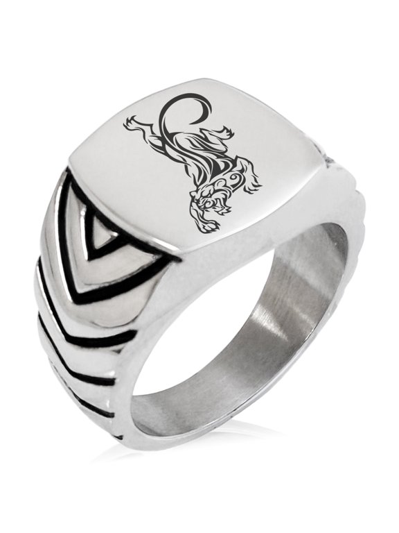 Stainless Steel Striking Tiger Chevron Pattern Biker Style Polished Ring