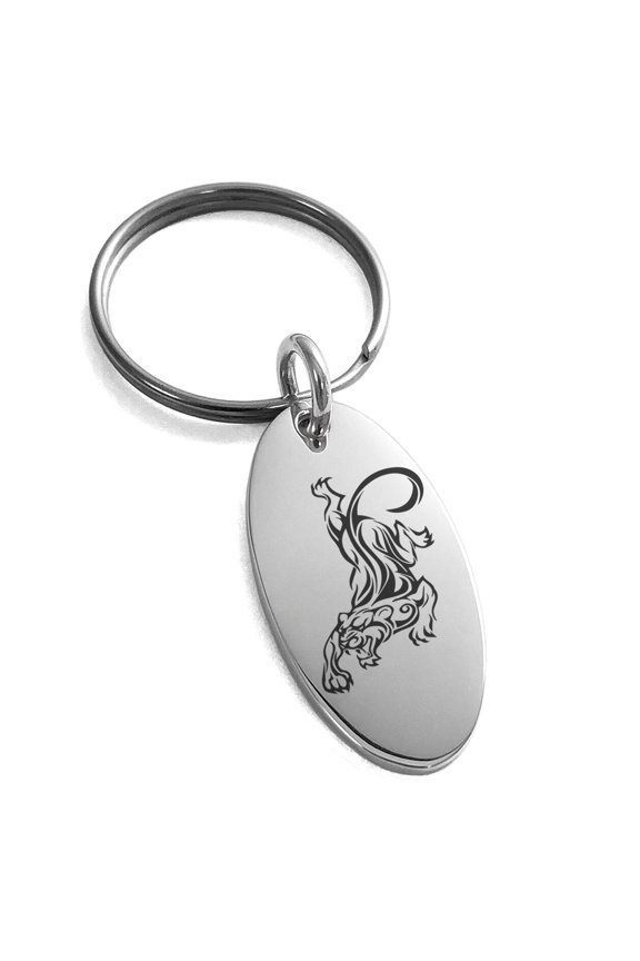 Stainless Steel Striking Tiger Engraved Small Oval Charm Keychain Keyring
