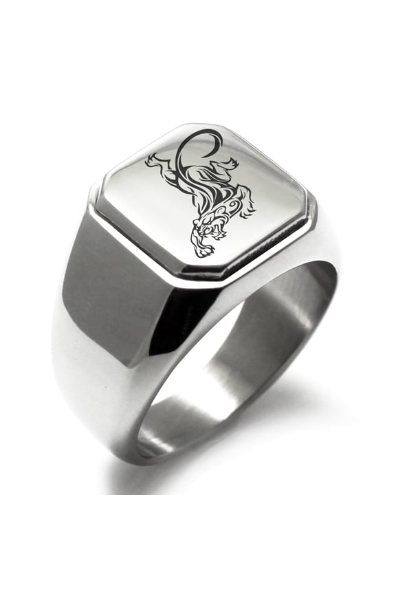 Stainless Steel Striking Tiger Engraved Square Flat Top Biker Style Polished Ring