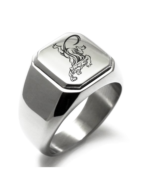 Stainless Steel Striking Tiger Engraved Square Flat Top Biker Style Polished Ring
