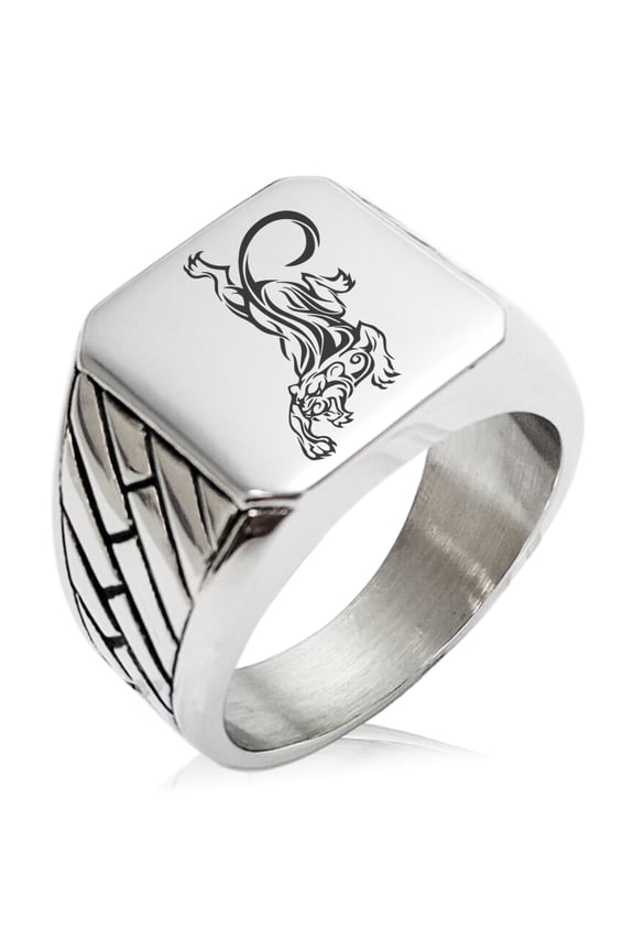 Stainless Steel Striking Tiger Geometric Pattern Biker Style Polished Ring