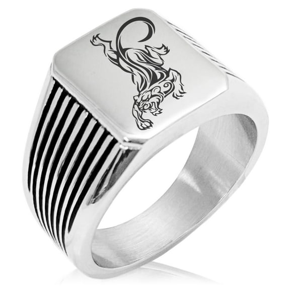 Stainless Steel Striking Tiger Needle Stripe Pattern Biker Style Polished Ring
