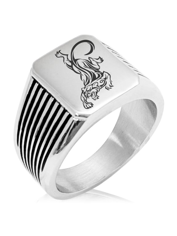 Stainless Steel Striking Tiger Needle Stripe Pattern Biker Style Polished Ring