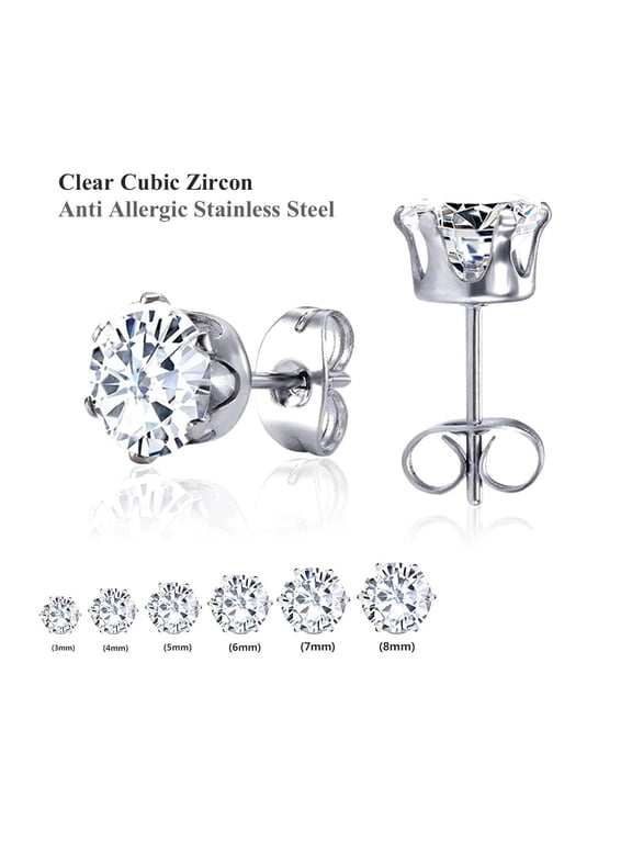 Stainless Steel Stud Earrings Cubic Zircon Round Men Women 4/5/6/8Mm E23