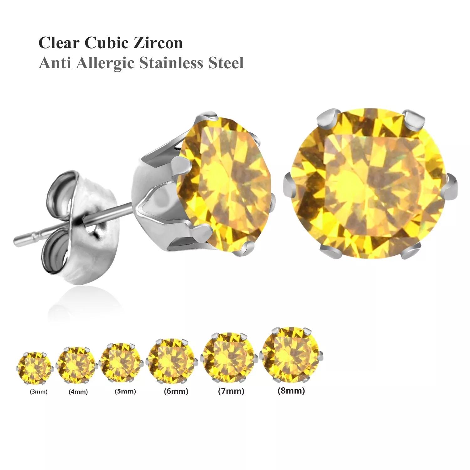 6 Pairs Stainless Steel Round CZ Cubic Zirconia Stud Earrings For Women Men - 6mm To 8mm, Screw Back
