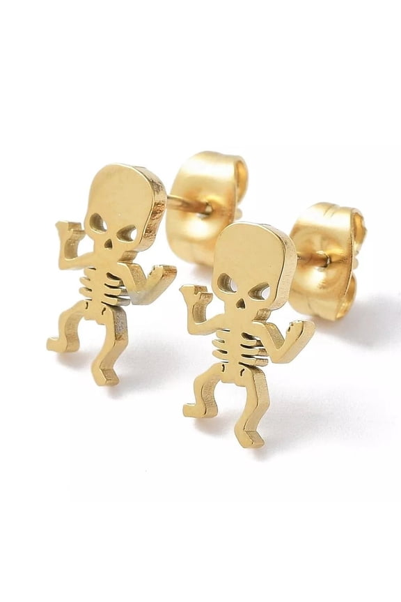 Stainless Steel Stud Earrings Skeleton Punk Gothic Skull Gold Push Back Polished E21
