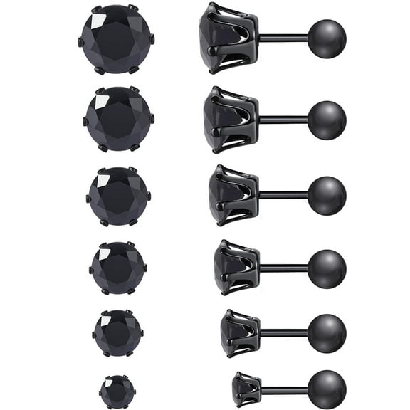 Stainless Steel Stud Earrings with Screw Back Hypoallergenic Black and Silver Cubic Zirconia Earrings Studs for Women Men (6 Pairs)