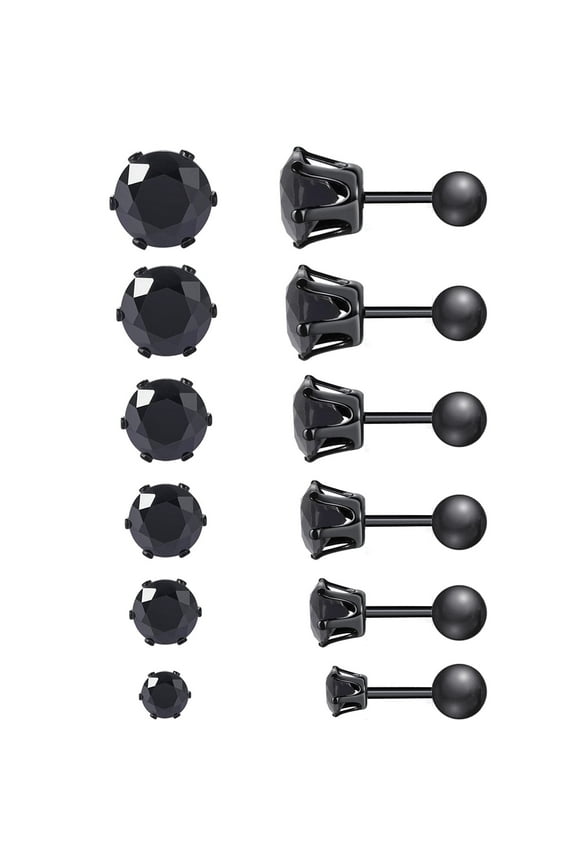 Stainless Steel Stud Earrings with Screw Back Hypoallergenic Black and Silver Cubic Zirconia Earrings Studs for Women Men (6 Pairs)