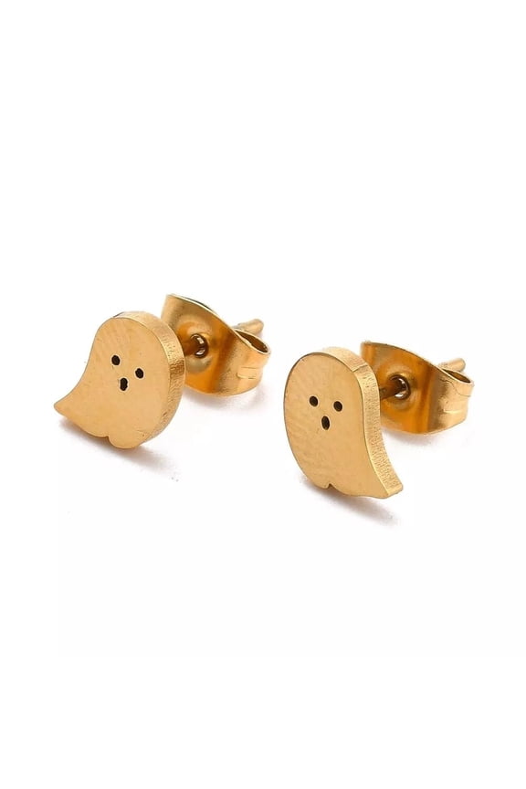 Stainless Steel Stud Post Earrings Cute Scary Ghost Gold E30