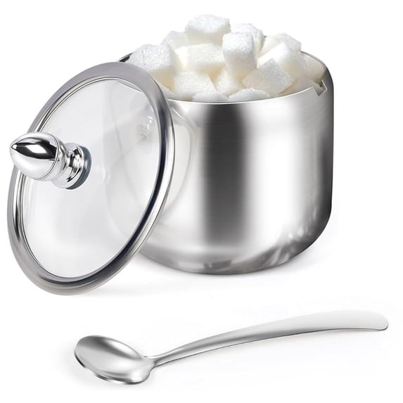 Stainless Steel Sugar Bowl with Glass Lid Spoon,Bexikou 10oz Seasoning Box Condiment Pots Sugar Container,Kitchen Spice Container Canister for Salt Candy (Silver)