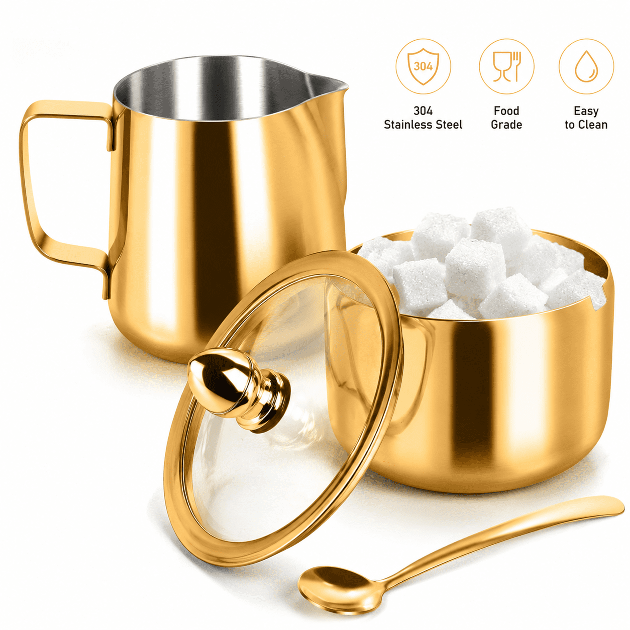 Stainless Steel Sugar Bowl with Lid & Spoon,Milk Frothing Pitcher for ...