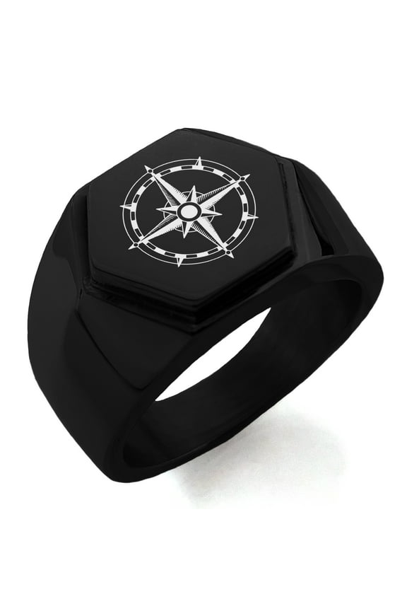 Stainless Steel Sun Dial Compass Engraved Hexagon Crest Flat Top Biker Style Polished Ring