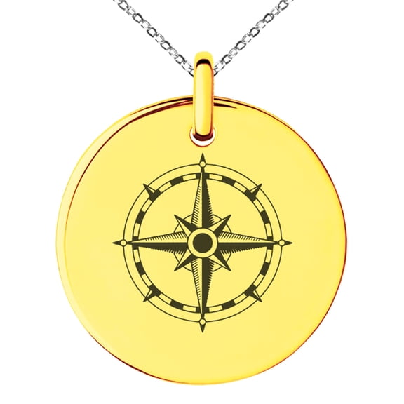 Stainless Steel Sun Dial Compass Engraved Small Medallion Circle Charm Pendant Necklace