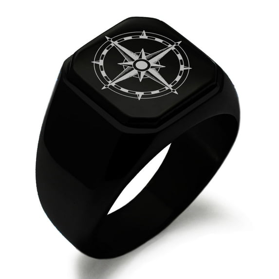 Tioneer Stainless Steel Sun Dial Compass Engraved Square Flat Top Biker Style Polished Signet Ring