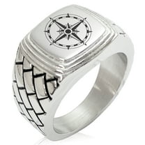 Stainless Steel Sun Dial Compass Geometric Pattern Step-Down Biker Style Polished Ring