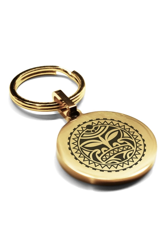 Stainless Steel Sun Maori Symbol Round Medallion Keychain Circle Ring
