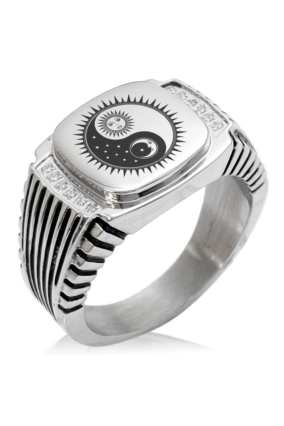 Stainless Steel Sun & Moon Yin Yang CZ Ribbed Needle Stripe Pattern Biker Style Polished Ring