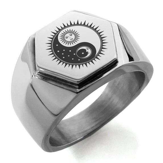 Stainless Steel Sun & Moon Yin Yang Engraved Hexagon Crest Flat Top Biker Style Polished Ring
