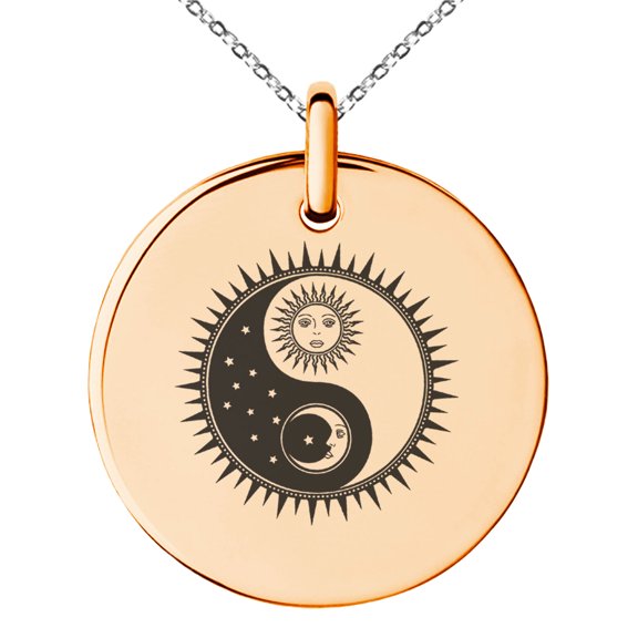 Stainless Steel Sun & Moon Yin Yang Engraved Small Medallion Circle Charm Pendant Necklace