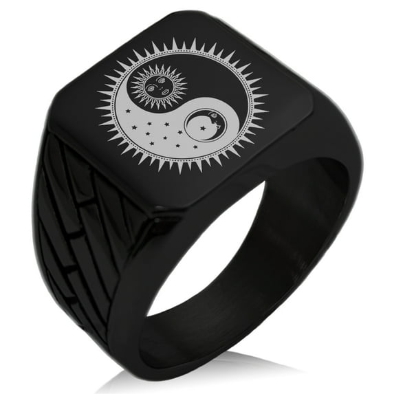Stainless Steel Sun & Moon Yin Yang Geometric Pattern Biker Style Polished Ring