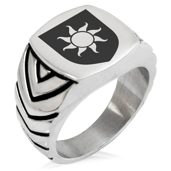 Tioneer Stainless Steel Sun Splendor Coat of Arms Shield Chevron Pattern Biker Style Polished Ring