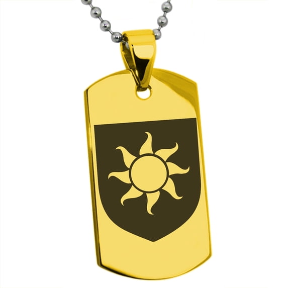 Tioneer Stainless Steel Sun Splendor Coat of Arms Shield Engraved Dog Tag Pendant Necklace