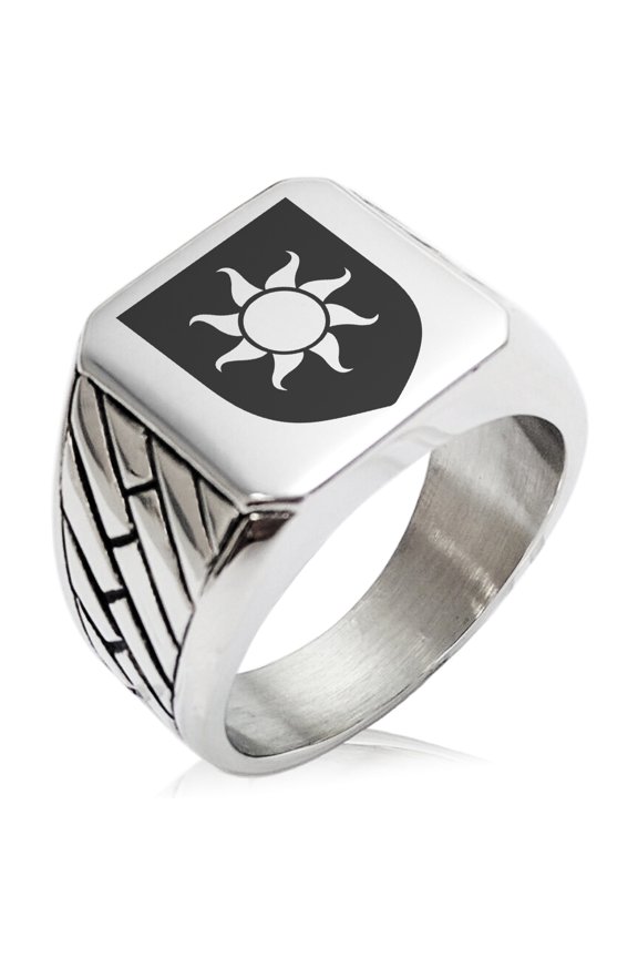Stainless Steel Sun Splendor Coat of Arms Shield Geometric Pattern Biker Style Polished Ring