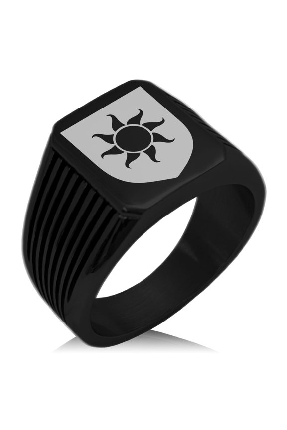 Stainless Steel Sun Splendor Coat of Arms Shield Needle Stripe Pattern Biker Style Polished Ring