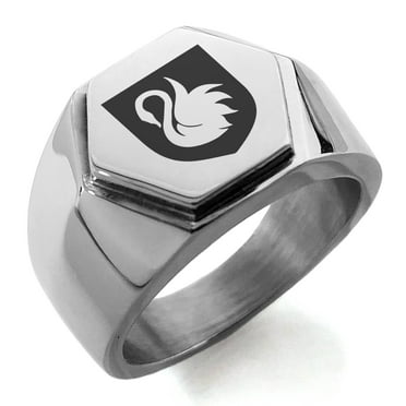 Stainless Steel Swan Harmony Coat of Arms Shield Engraved Hexagon Crest Flat Top Biker Style Polished Ring