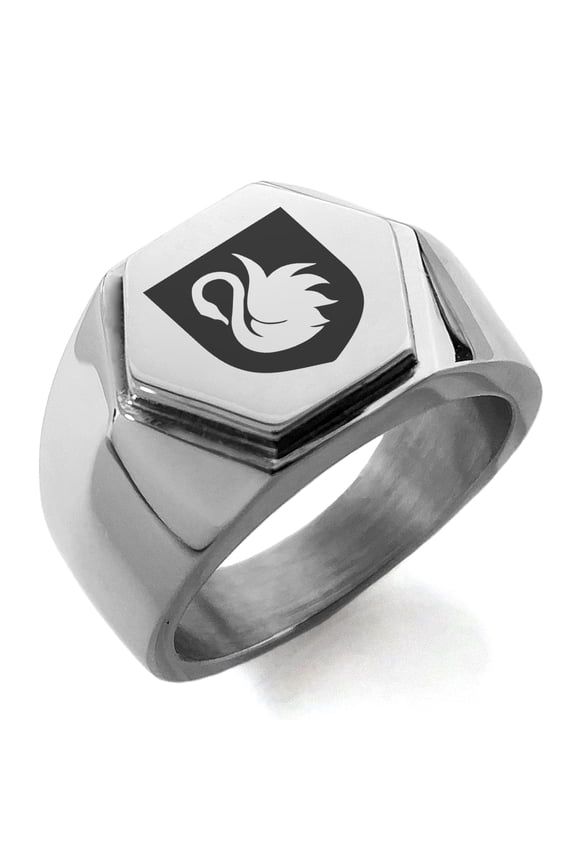 Stainless Steel Swan Harmony Coat of Arms Shield Engraved Hexagon Crest Flat Top Biker Style Polished Ring