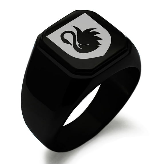 Stainless Steel Swan Harmony Coat of Arms Shield Engraved Square Flat Top Biker Style Polished Signet Ring