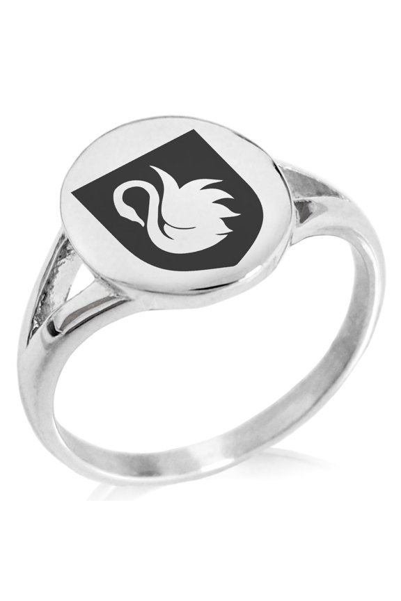 Stainless Steel Swan Harmony Coat of Arms Shield Minimalist Oval Top Polished Statement Signet Ring