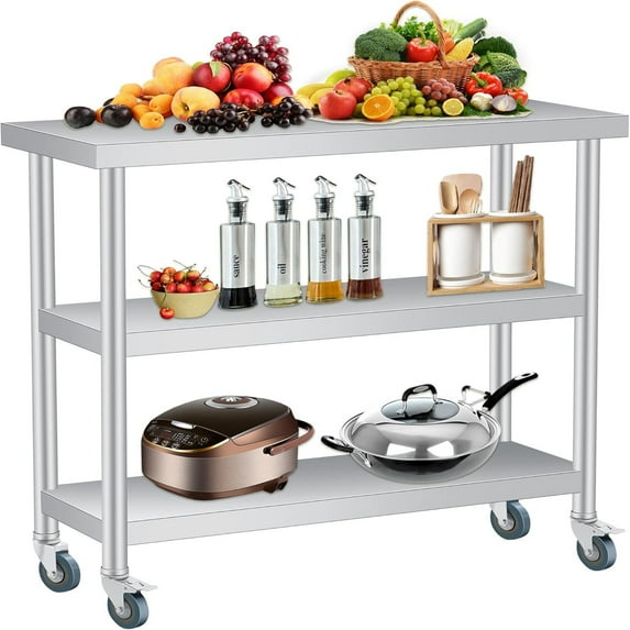 Stainless Steel Table, 14 x 24 x 34 Inch, 3-Tier Metal Prep Table with 2 Undershelf & Gloves, Commercial Kitchen Utility Workstation for Restaurant, Hotel, Laundry, Garage, Indoor, Outdoor, BBQ