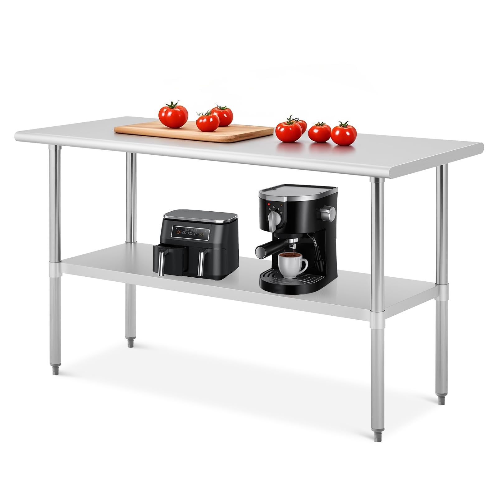 Stainless Steel Table, 24 x 48/24 x 60 Inches Metal Prep Worktable with Undershelves and Backsplash for Commercial Kitchen, Outdoor, Restaurant, Hotel & Garage, Adjustable Height