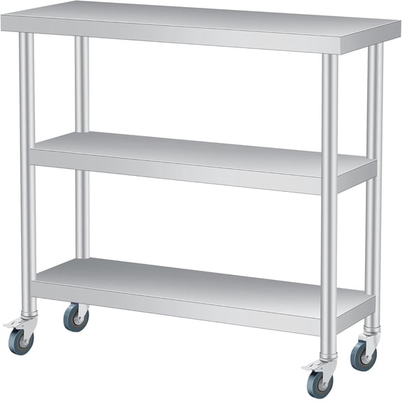 Stainless Steel Table 3-Tier Metal Prep Table with 2 Undershelf & Gloves Utility Workstation for Restaurant,Hotel,Laundry,Garage,Indoor, Outdoor, BBQ