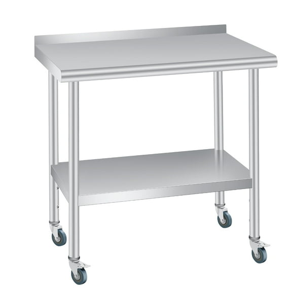Stainless Steel Table, 30 x 24 inches Heavy Duty Commercial Work & Prep Table with Adjustable Undershelf, 4 Wheels & Backsplash for Restaurant Kitchen Bar and Hotel Garage