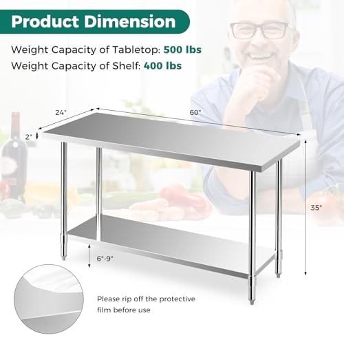 Stainless Steel Table, 60" x 24" Prep Table with Adjustable Under Shelf ...