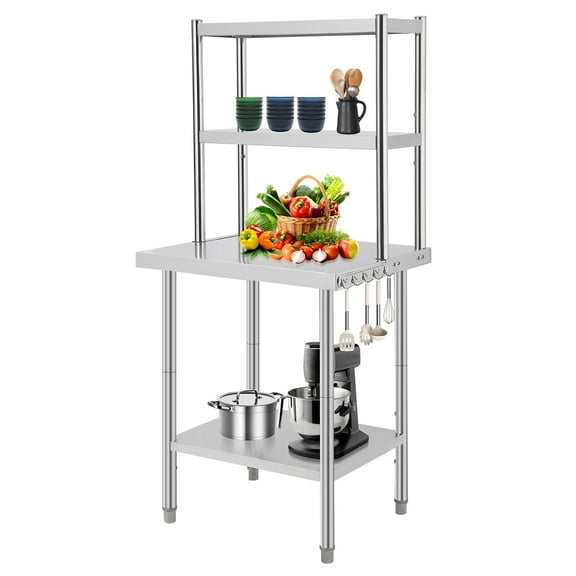 Stainless Steel Table with Overshelves,Stainless Steel Work Table with 2 Shelves,30x24 Inch Heavy Duty Commercial Food Prep Table, Metal Kitchen Prep Table with Adjustable Shelf & Hooks for Restaurant